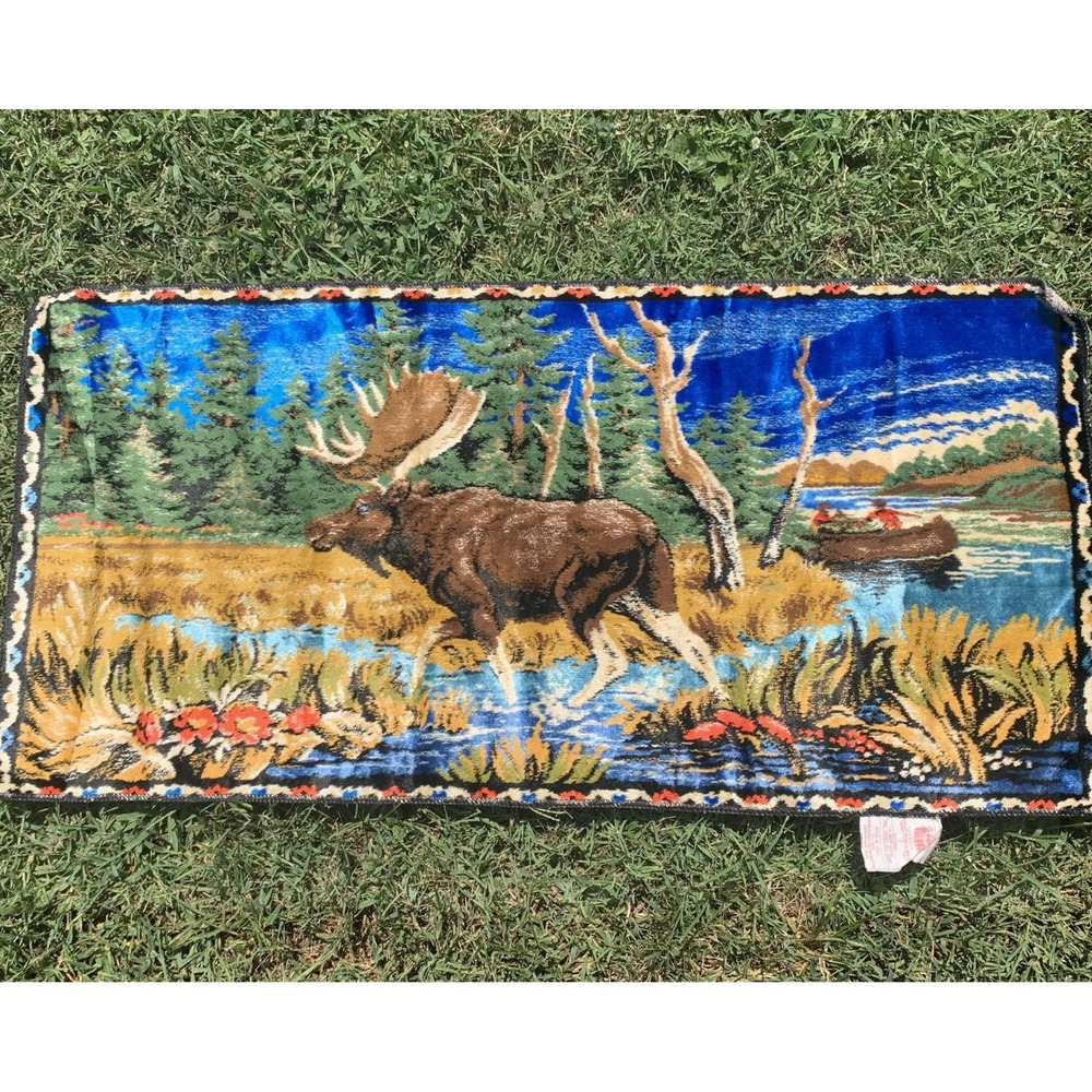 Vintage‎ Italian Tapestry Wall Hanging, Cabin Decor, Moose, Canoe, Rustic, Lodge
